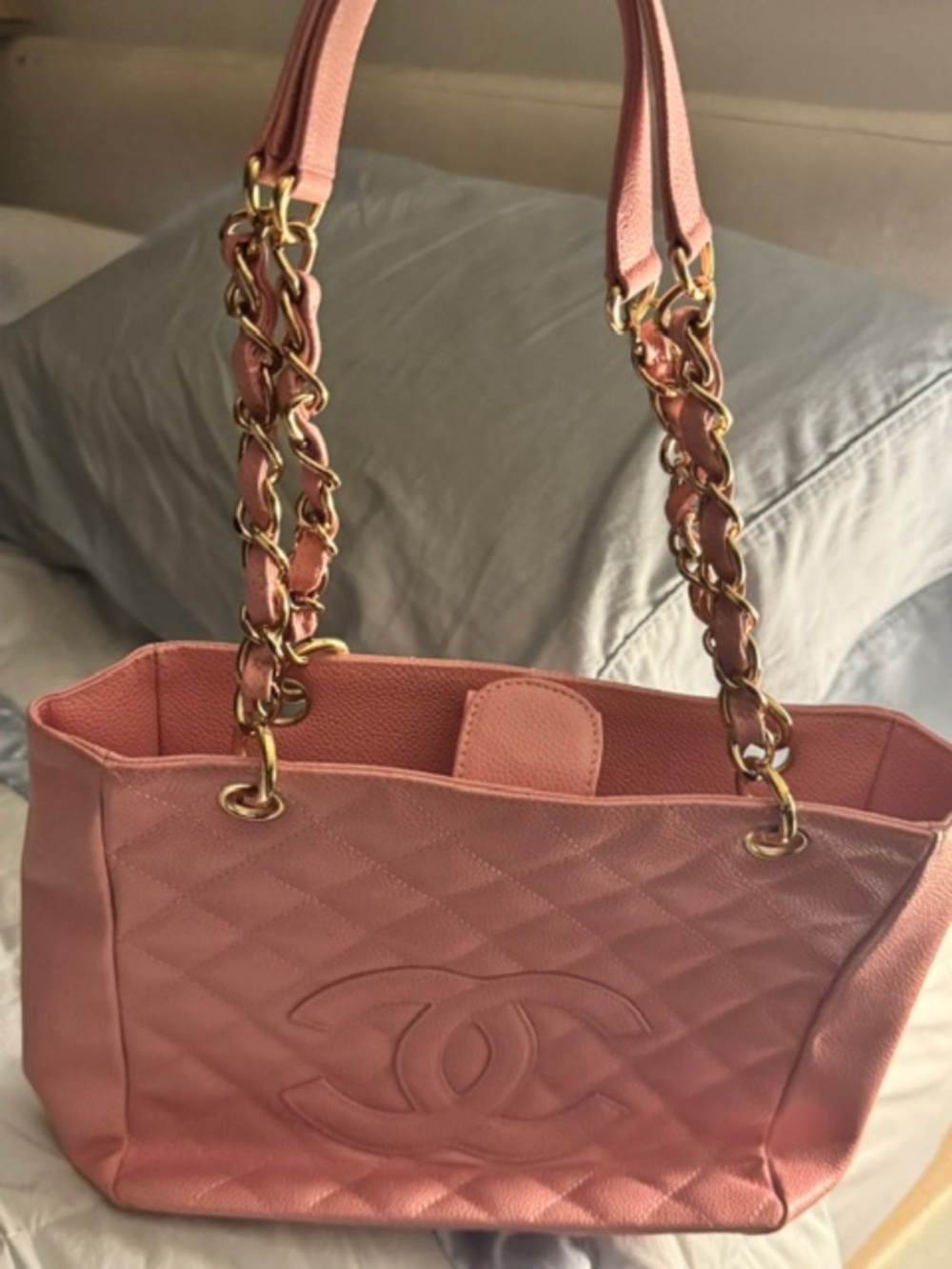 Authentic Chanel Pink Caviar Small Shopping Tote | Gold Hardware | Excellent Con